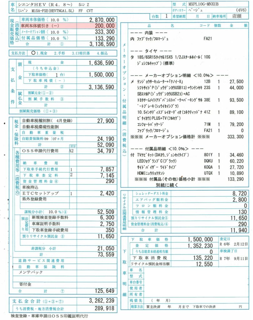 新型シエンタ 10系 ハイブリッドZ 注文書 値引き額