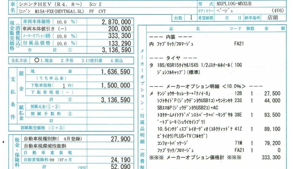 2024年2月の値引き額】新型シエンタ10系 ハイブリッドZを購入