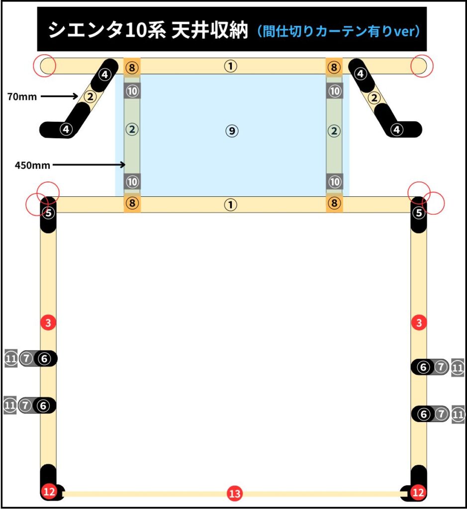 シエンタ10系 天井収納（間仕切りカーテン有り）設計図