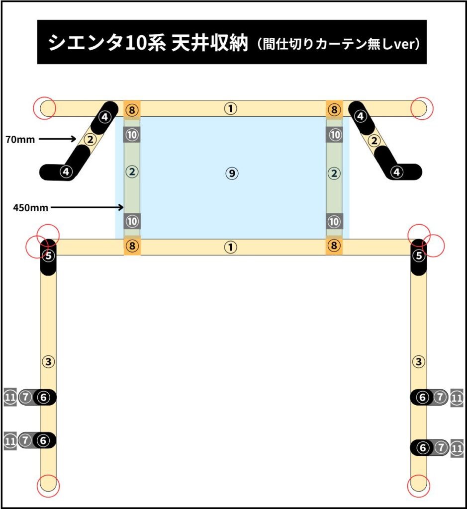 シエンタ10系 天井収納（間仕切りカーテン無し）設計図